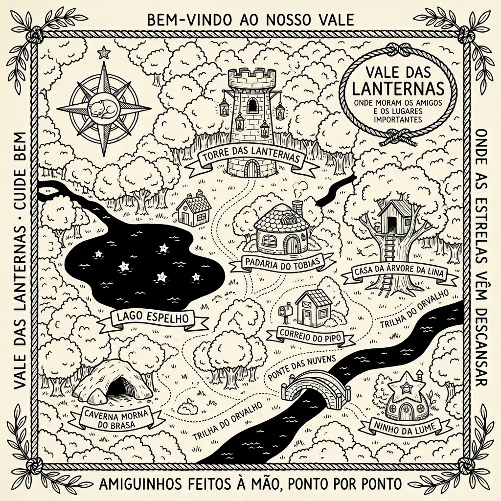 Mapa ilustrado do Vale das Lanternas, com a torre, o lago, a padaria, a casa da árvore, o correio, a caverna, a ponte e o ninho