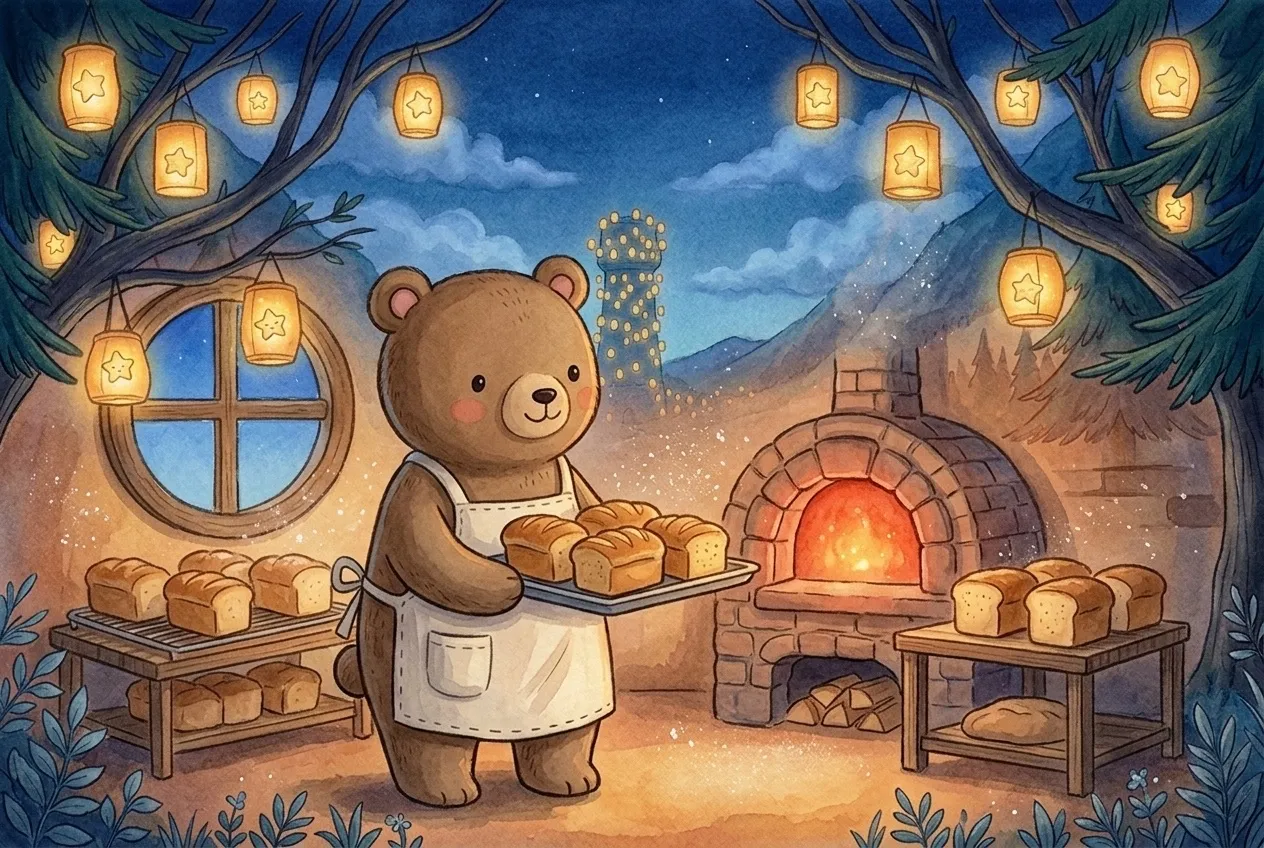 Tobias, o urso padeiro, segurando uma bandeja de pão de mel na padaria